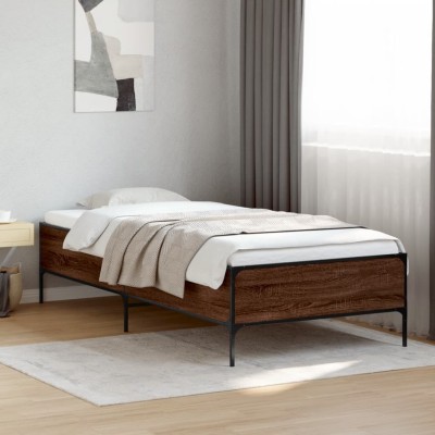 Estructura cama madera ingeniería metal marrón roble 100x200 cm