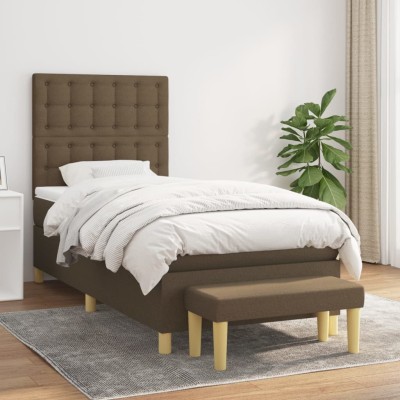 Cama box spring con colchón tela marrón oscuro 80x200 cm
