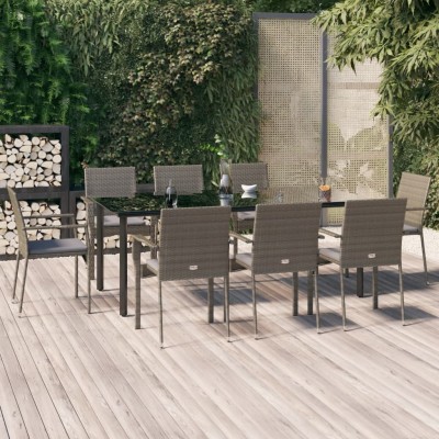 Set comedor jardín 9 pzas y cojines ratán sintético negro gris
