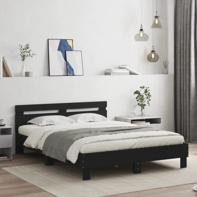 Estructura cama con cabecero madera ingeniería negro 140x190 cm