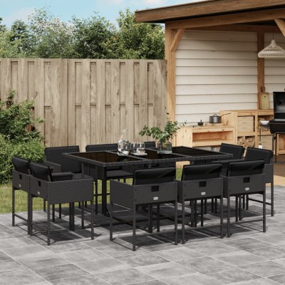 Set de comedor jardín 11 pzas con cojines ratán sintético negro