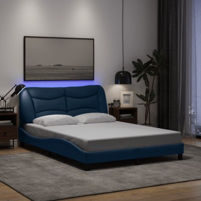 Estructura de cama con LED sin colchón tela azul 140x200 cm