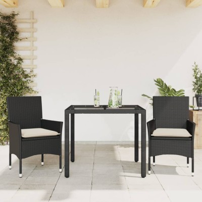 Set comedor jardín 3 pzas cojines ratán sintético vidrio negro