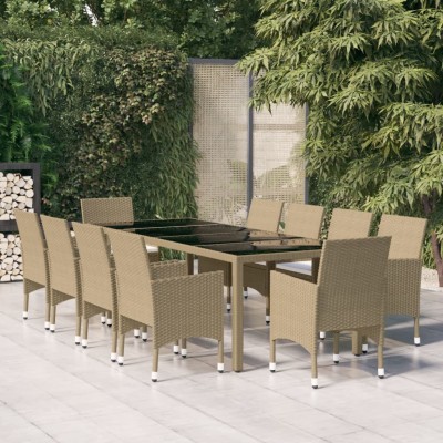 Juego de comedor de jardín de 11 piezas ratán sintético beige