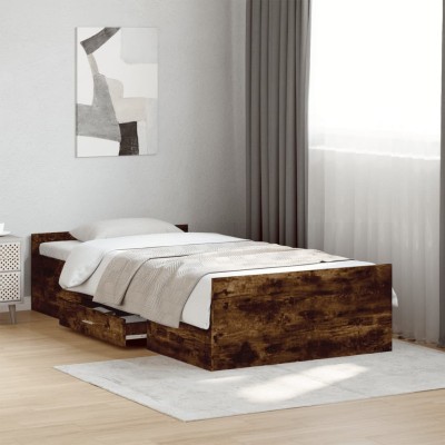 Cama con cajones madera de ingeniería roble ahumado 100x200 cm