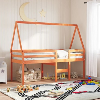 Cama alta con techo madera maciza de pino marrón cera 80x200 cm