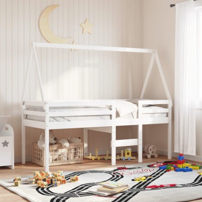 Cama alta con techo madera maciza pino blanca 75x190 cm