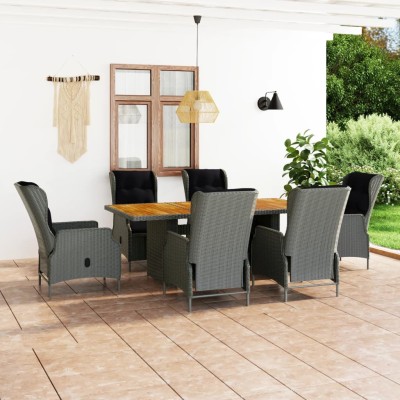 Set comedor jardín 7 pzas y cojines ratán sintético gris claro
