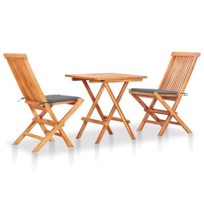 Set de bistró 3 pzas con cojines grises madera maciza de teca