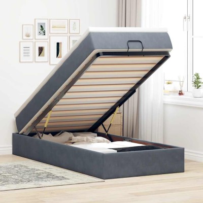 Estructura cama otomana colchón terciopelo gris oscuro