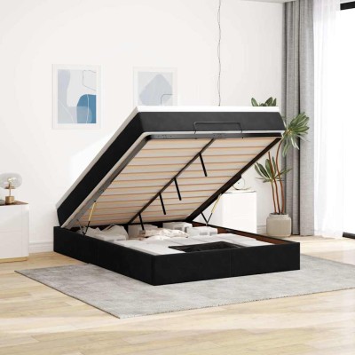 Estructura cama otomana colchón terciopelo negro 140x200cm