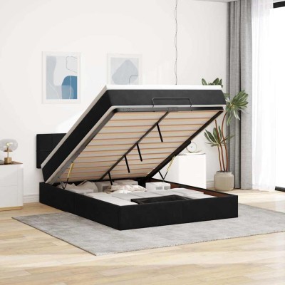 Estructura cama otomana colchón terciopelo negro 140x200cm