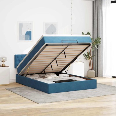 Estructura de cama otomana con colchón terciopelo azul oscuro