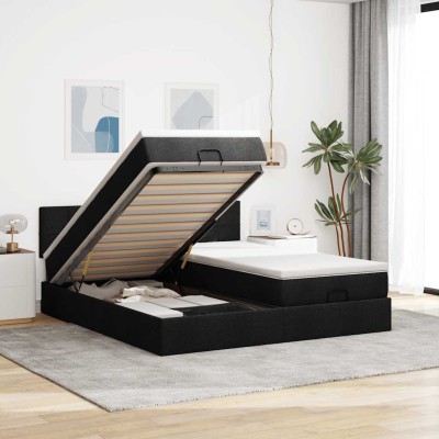 Estructura de cama otomana con colchones tela negra 200x200cm