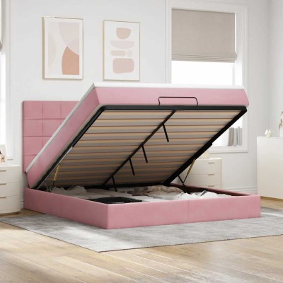 Estructura de cama otomana colchones terciopelo rosa 160x200cm