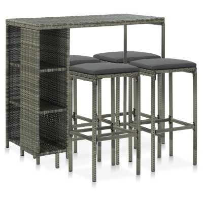 Set de bar para jardín 5 piezas y cojines ratán sintético gris