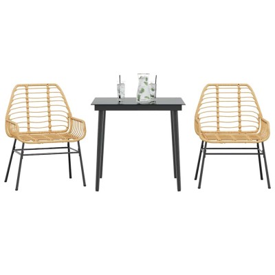 Juego de comedor jardín 3 piezas ratán sintético vidrio marrón