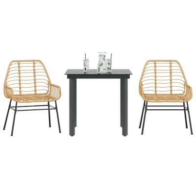Juego de comedor jardín 3 piezas ratán sintético vidrio marrón
