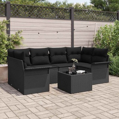 Conjunto de sofá de jardín 7 pcs Negro Poliratán