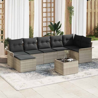 Conjunto de sofá de jardín con cojín 8 pcs Gris claro Poliratán
