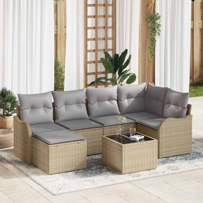 Conjunto de sofá de jardín con cojín 7 pcs Beige Poliratán