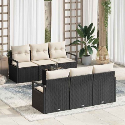 Conjunto de sofá de jardín 7 pcs Negro y crema 55 x 55 x 37 cm