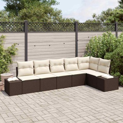 Conjunto de sofá de jardín 6 pcs Marrón y crema Poliratán