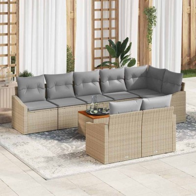 Conjunto de sofá de jardín con cojín 9 pcs Beige Poliratán