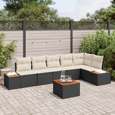 Conjunto de sofá de jardín con cojín 7 pcs Negro Poliratán
