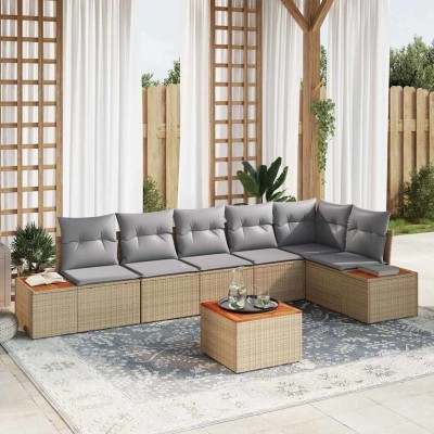 Conjunto de sofá de jardín con cojín 7 pcs Beige Poliratán