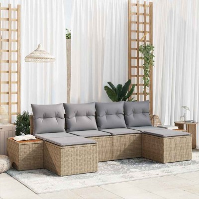 Conjunto de sofá de jardín con cojín 6 pcs Beige Poliratán