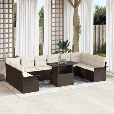 Conjunto de sofá de jardín con cojín 11 pcs Marrón Poliratán