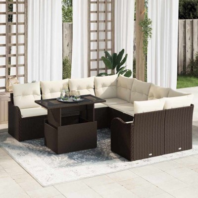 Conjunto de sofá de jardín con cojín 9 pcs Marrón Poliratán