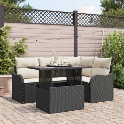 Conjunto de sofá de jardín con cojín 5 pcs Negro Poliratán