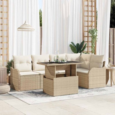 Conjunto de sofá de jardín con cojín 6 pcs Beige Poliratán