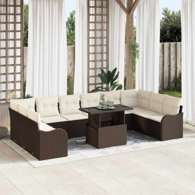 Conjunto de sofá de jardín con cojín 11 pcs Marrón Poliratán