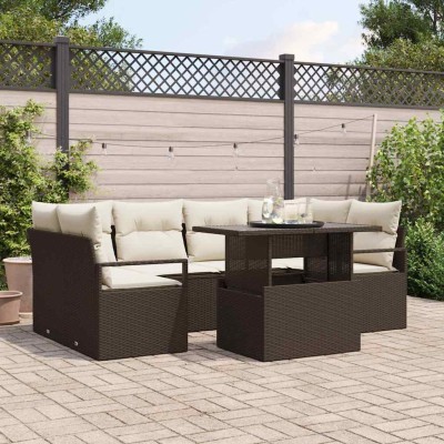 Conjunto de sofá de jardín con cojín 7 pcs Marrón y crema