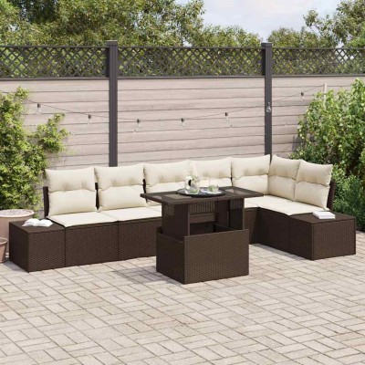 Conjunto de sofá de jardín con cojín 7 pcs Marrón y crema