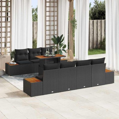 Conjunto de sofá de jardín con cojín 8 pcs Negro Poliratán