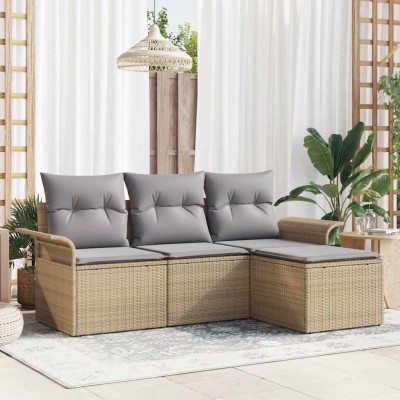 Conjunto de sofá de jardín con cojín 4 pcs Beige Poliratán