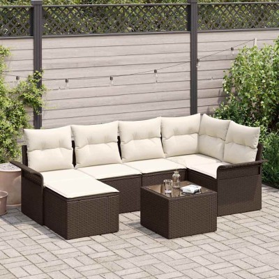 Conjunto de sofá de jardín con cojín 7 pcs Marrón Poliratán