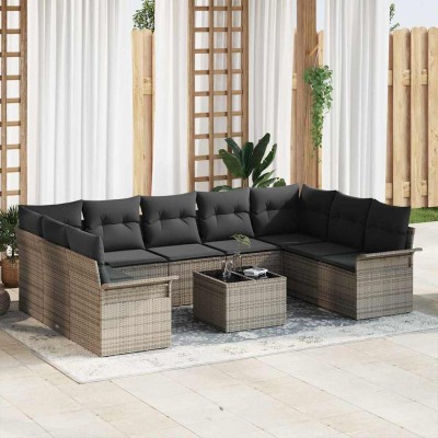 Conjunto de sofá de jardín con cojín 10 pcs Negro Poliratán