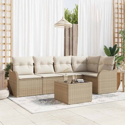 Conjunto de sofá de jardín con cojín 6 pcs Marrón Poliratán