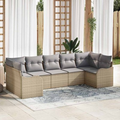 Conjunto de sofá de jardín 7 pcs beige y gris claro Poliratán