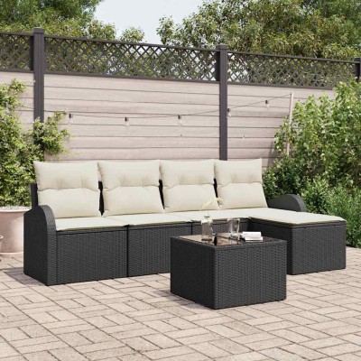Conjunto de sofá de jardín 6 pcs Negro y blanco Poliratán