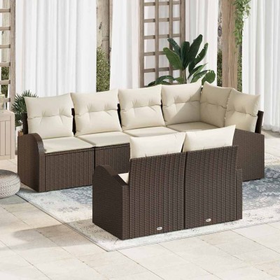 Conjunto de sofá de jardín 7 pcs Marrón y blanco Poliratán