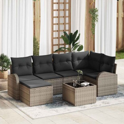 Conjunto de sofá de jardín con cojín 7 pcs Gris Poliratán
