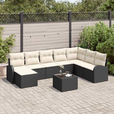 Conjunto de sofá de jardín 9 pcs Negro y blanco Poliratán