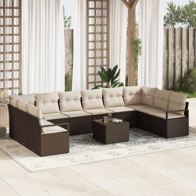 Conjunto de sofá de jardín con cojín 11 pcs Marrón y crema
