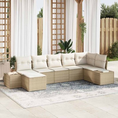 Conjunto de sofá de jardín con cojín 7 pcs Beige Poliratán